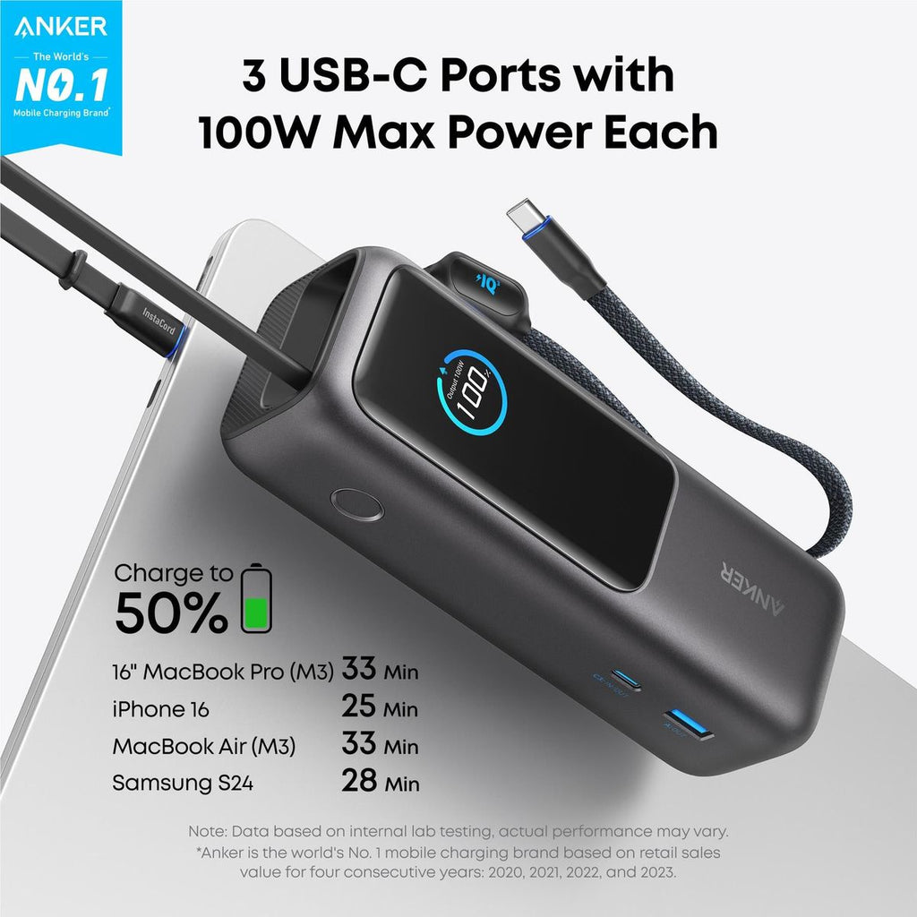 Power Bank Anker 25.000mAh 165W com Cabo Retrátil - Preto